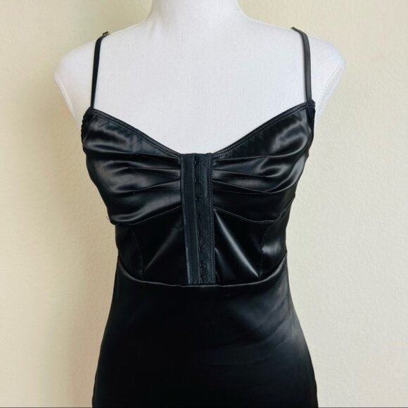 NWOT Black Satin Hook & Eye Corset Ruched Mini Dress - Picture 3 of 10